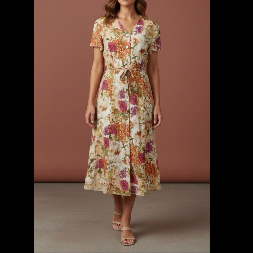 Coldwater Creek 10P Vintage Beige Secretary Floral Midi Dress Silk Women's